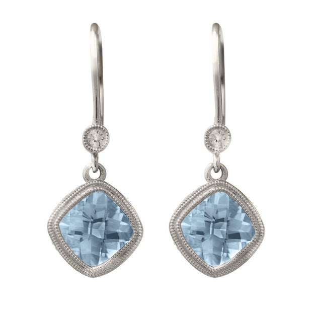 Aquamarine and Diamond Leverback Earrings with Milgrain Border